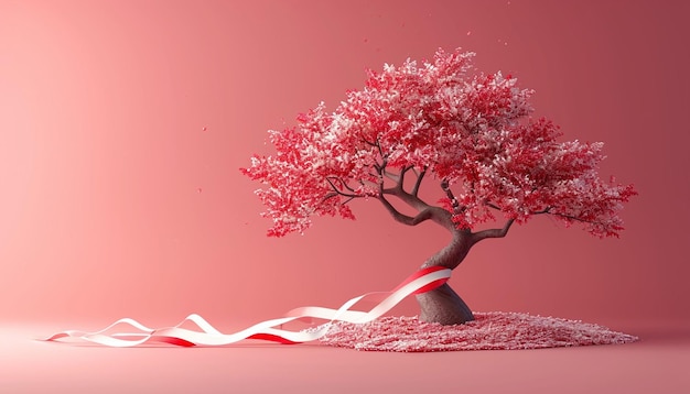 a 3D minimalist tree with branches adorned with red and white Martisor ribbons