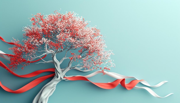 a 3D minimalist tree with branches adorned with red and white Martisor ribbons