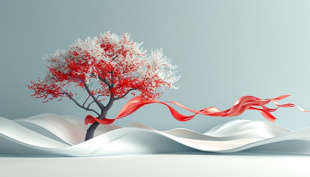 a 3D minimalist tree with branches adorned with red and white Martisor ribbons