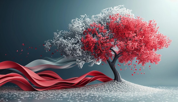 a 3D minimalist tree with branches adorned with red and white Martisor ribbons