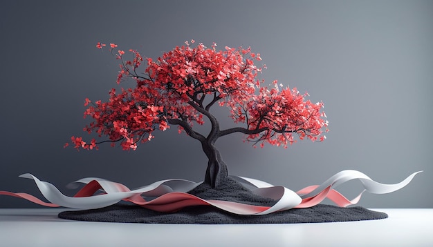 a 3D minimalist tree with branches adorned with red and white Martisor ribbons