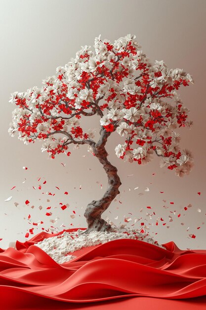 a 3D minimalist tree with branches formed from red and white Martisor ribbons a 3D minimalist tree w