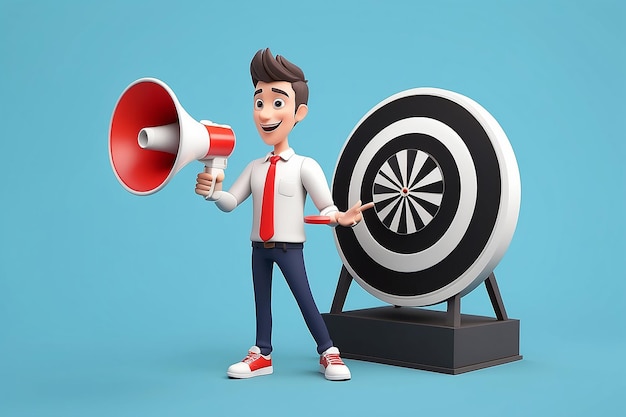 3D Mobile Marketing with a Male Character Holding a Megaphone Loudspeaker and Dartboard