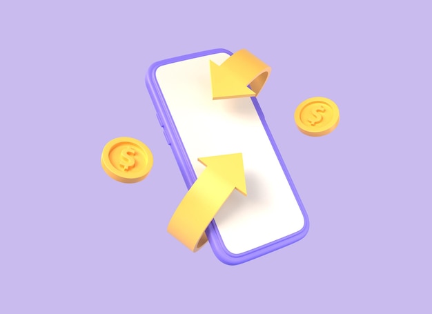 Photo 3d mobile phone and gold coins in cartoon style cashback and money back the concept of saving on online shopping illustration isolated on purple background 3d rendering