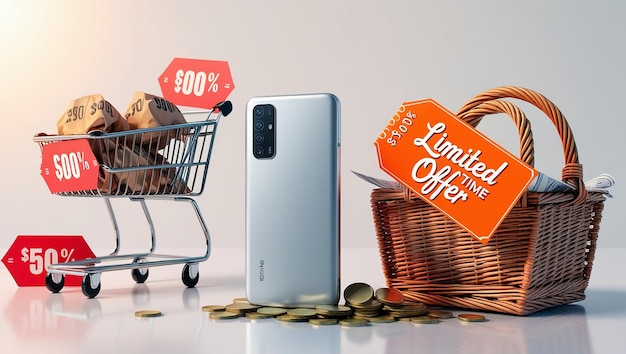 Photo 3d mobile phone with price tags shopping cart and coin basket with tag discount coupon of money spec