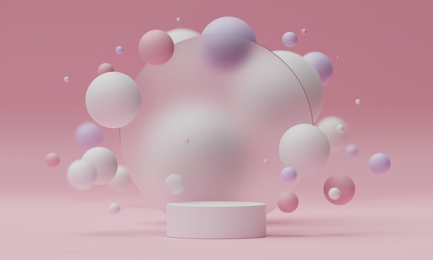 3d mock up podium on the background of a round frosted glass with flying spheres or balls in white, pink and purple colors. Bright Modern platform for product or cosmetics presentation. Render scene.