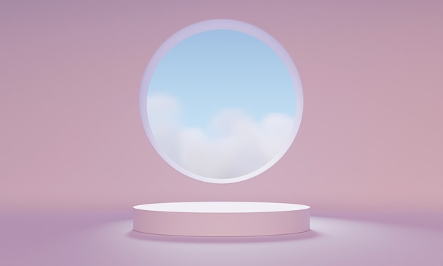 3D mock up podium with an abstract round window in a light pink room. Minimalistic mid century trendy background for product presentation. Modern platform.