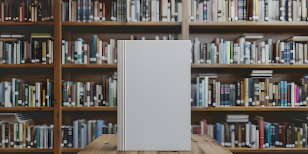 3D mockup of a blank white book on a bookshelf in a shop or library Concept Product Mockup White Book Bookshelf Shop Library