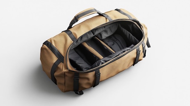 Photo a 3d mockup of a duffel bag shown in an open position with items visible inside