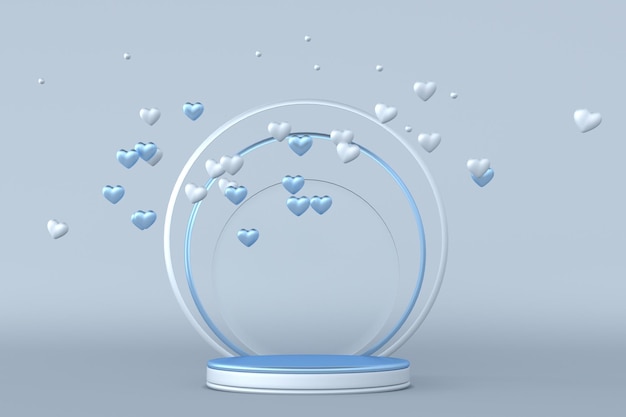 3D mockup minimal scene with blue white flying hearts and round podium Pedestal for display product