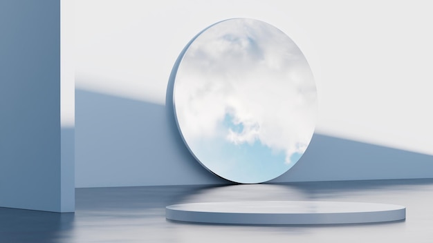 3d mockup podium Sky in mirror White colors Modern platform Bright contemporary backdrop