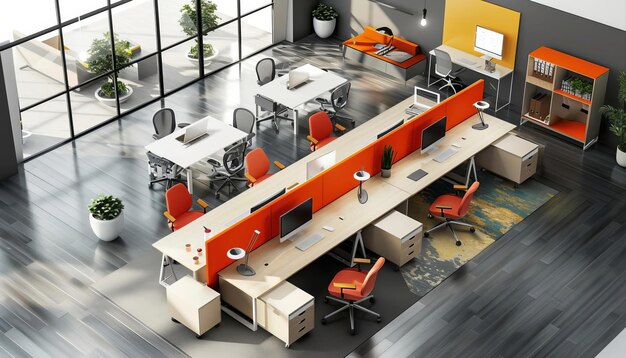 Photo 3d model abstract art of innovative modern abstract open office workstation ecosystem