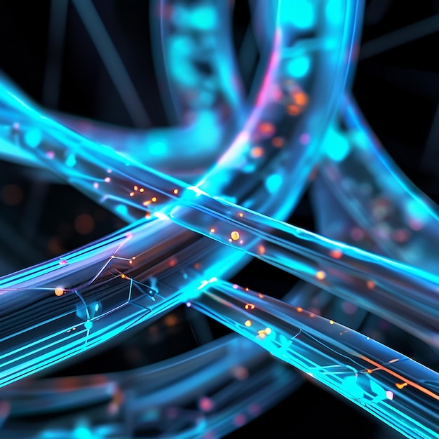 3D model of an abstract interconnected energy grid with glowing translucent cables forming a network