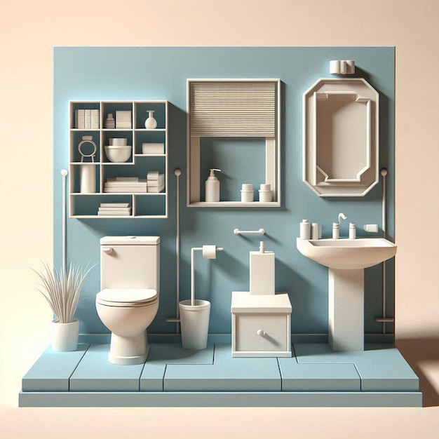 3D model of a bathroom with toilet and sink