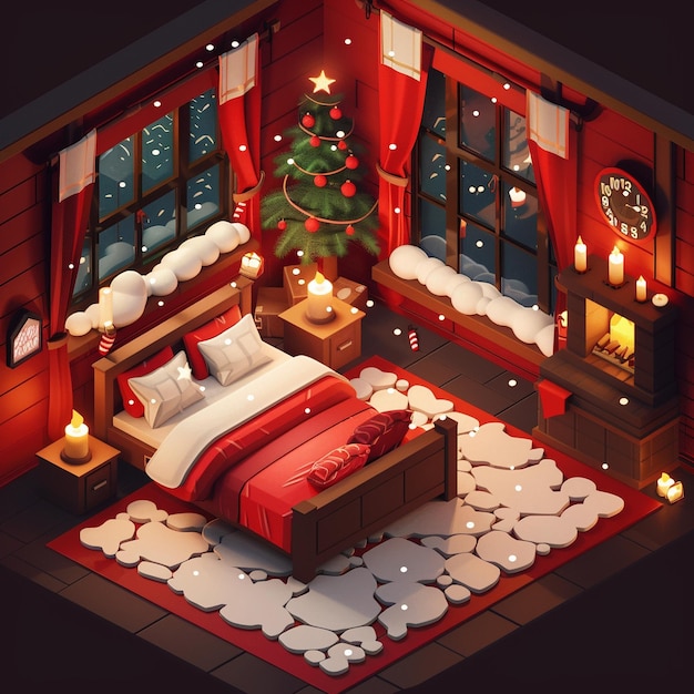 Photo a 3d model of a bedroom with a bed and a christmas tree