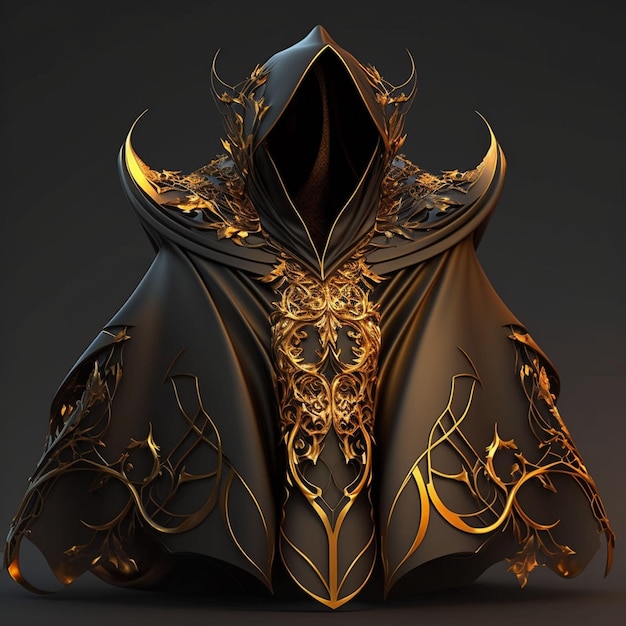 A 3d model of a black and gold cloak with a gold design on it.