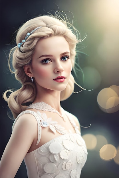 A 3d model of a blonde woman with a white dress and blue eyes.