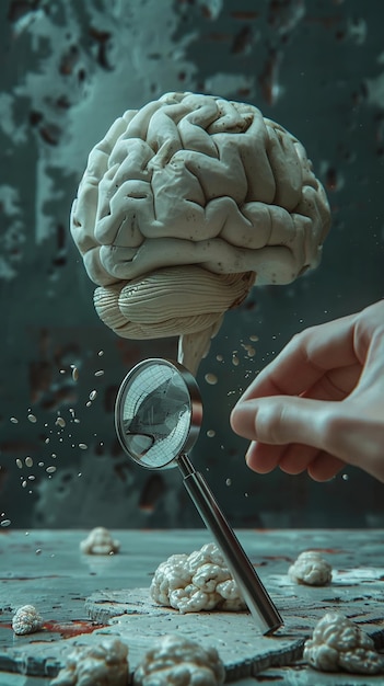 Photo a 3d model of a brain with a magnifying glass hovering over it symbolizing the exploration of ones potential and thought processes