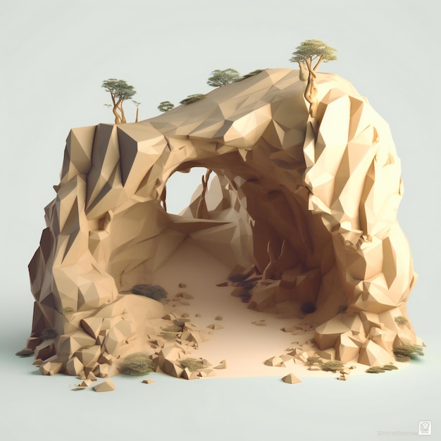 A 3d model of a cave with trees on it.