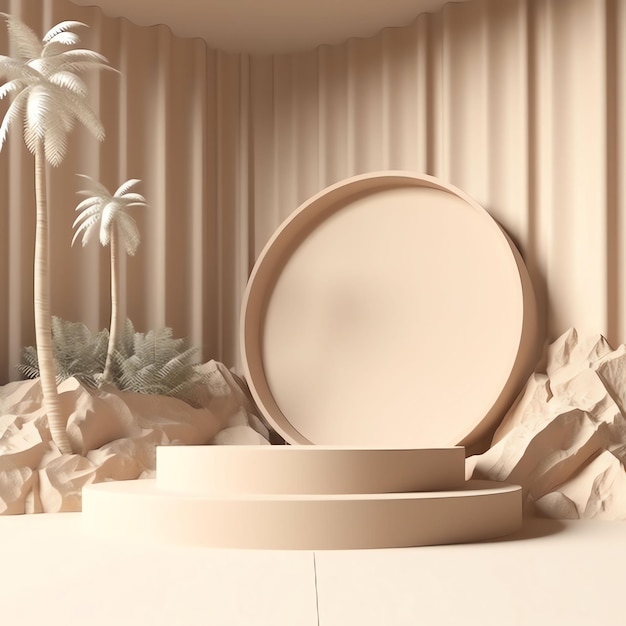 A 3d model of a circle with a palm tree and a small island.