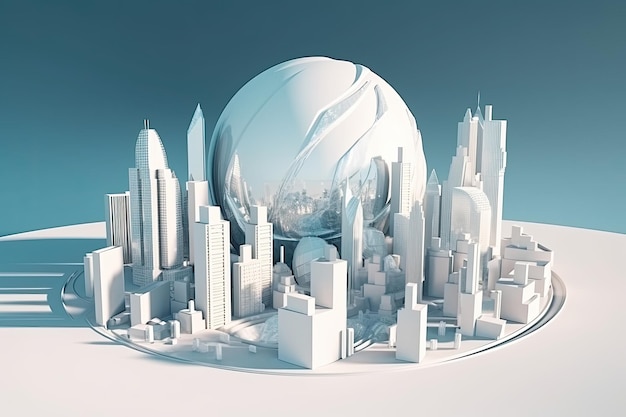 3D model of a city with futuristic architecture high rise buildings and a planet all in one view Generative AI