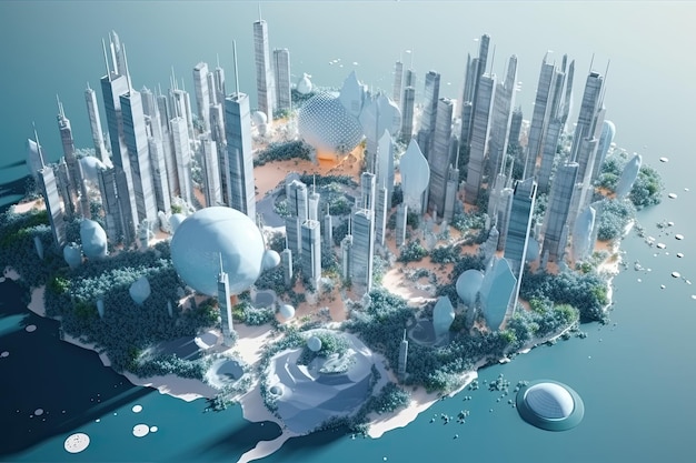 3D model of a city with futuristic architecture high rise buildings and a planet all in one view Generative AI