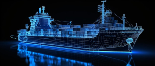 3D model of a container ship glowing blue wire frame