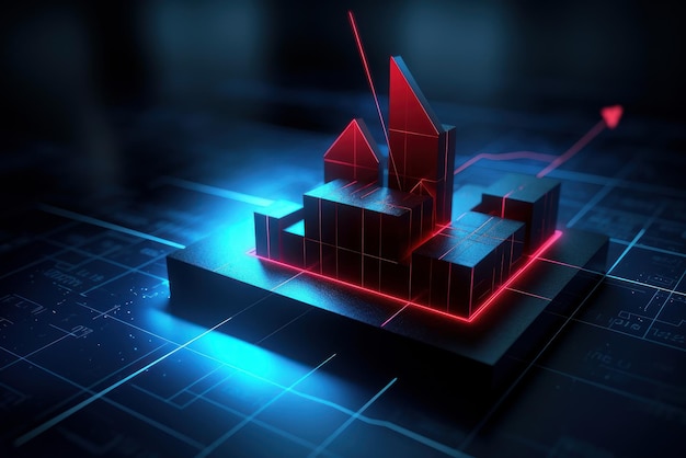 3d model of financial graph with red backlight on blue background stock market financing chart economic boom and bust investment bankruptcy and inflation global rising and falling economy