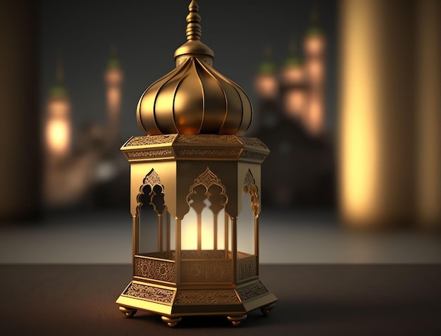 A 3d model of a golden lantern with the lights in the background