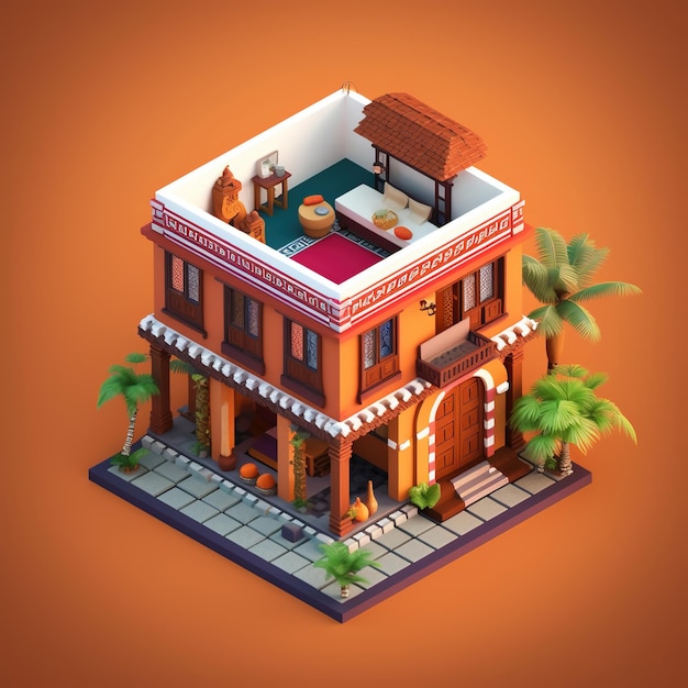 A 3d model of a house with a balcony and a cafe.