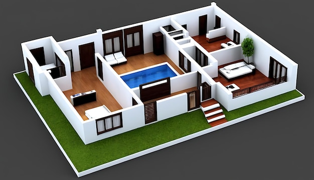 Photo a 3d model of a house with a pool and a house