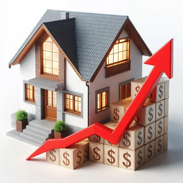 Photo a 3d model house with a red upward arrow that expresses the increase in the value and price