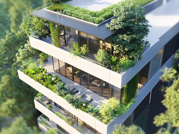 Photo 3d model of a luxury modern apartment building with large glass windows integrated greenery and contemporary architectural design featuring open living spaces and elegant lighting