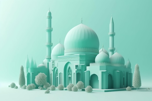 A 3d model of a mosque with a blue background.