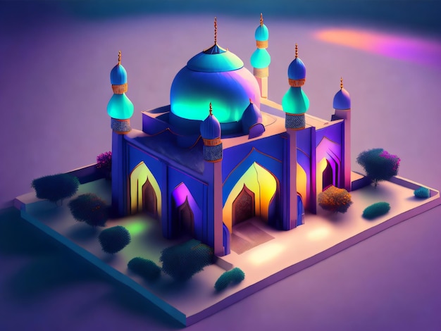 A 3d model of a mosque with a blue dome and the words'shading'on the front.