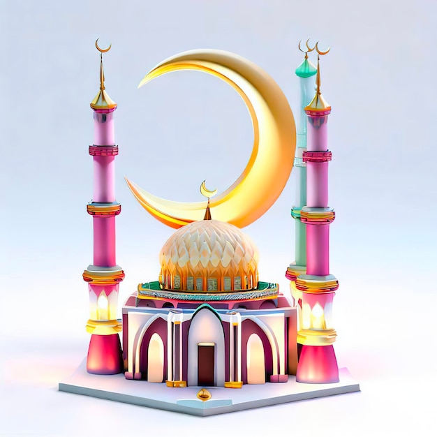 A 3d model of a mosque with a crescent moon on the top.