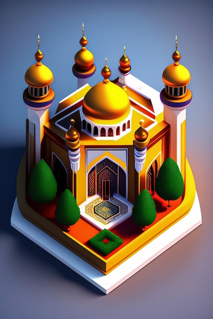 A 3d model of a mosque with a green tree in the middle Ramadan