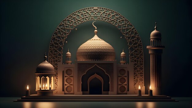 A 3d model of a mosque with a mosque in the background generative ai technology