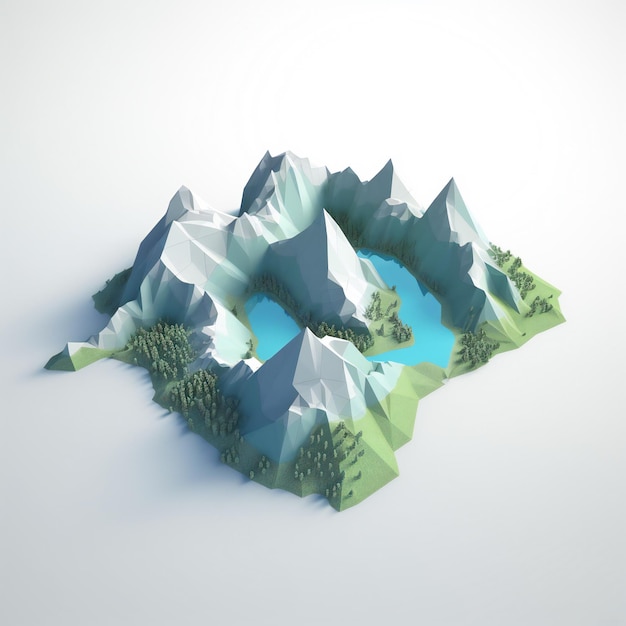 A 3d model of a mountain with a lake in the middle.