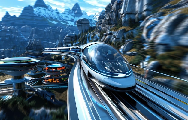 Photo a 3d model of a nextgeneration train speeding through a landscape of mountains and futuristic cities