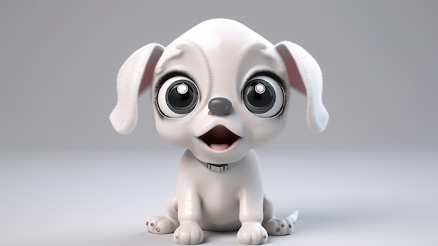 A 3d model of a puppy with a black collar and big eyes.