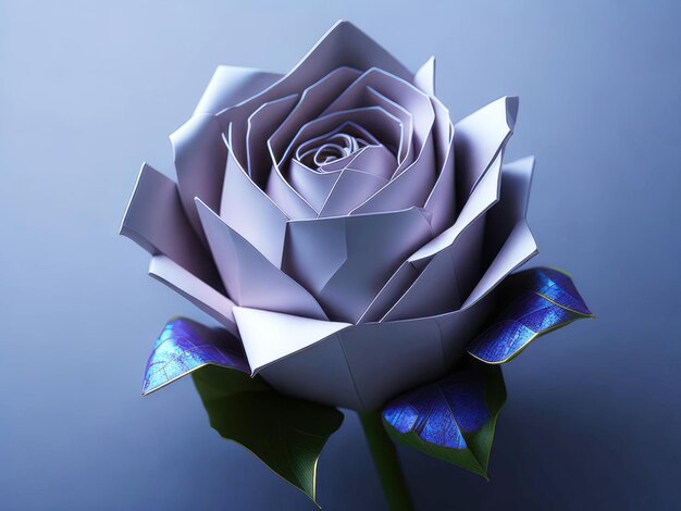 A 3D model of a purple lilac rose and its blue diamond leaves