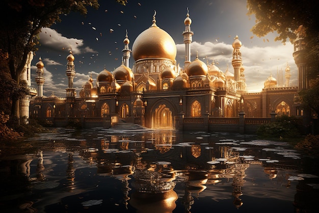 3d model ramadan kareem golden mosque Islamic background