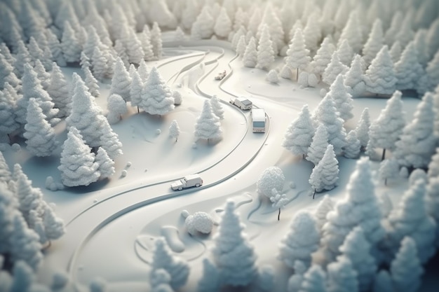 A 3d model of a snowy landscape with a road and trees.