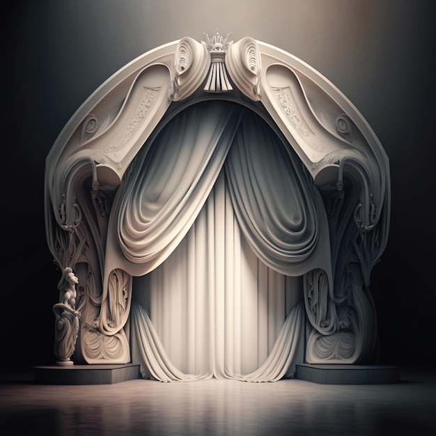 A 3d model of a stage with a curtain that says " the word " on it.