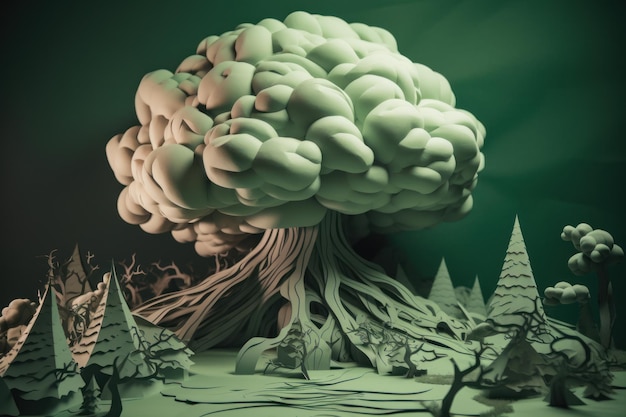 A 3d model of a tree with a forest in the background.