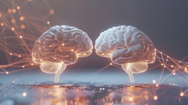 A 3D model of two brains connected by bridges of light symbolizing the power of collaboration to generate new ideas