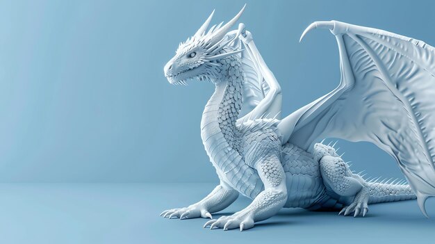 Photo a 3d model of a white dragon with wings outstretched on a blue background