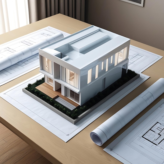 Photo 3d model of a white modern luxury building on wooden desk with architectural blueprints