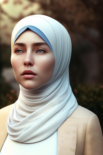 A 3d model of a woman wearing a hijab and a blue scarf.